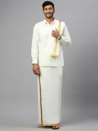 Men Cream Full Sleeves Shirts with inch Gold Jari Single Layer Dhoti & Towel Combo